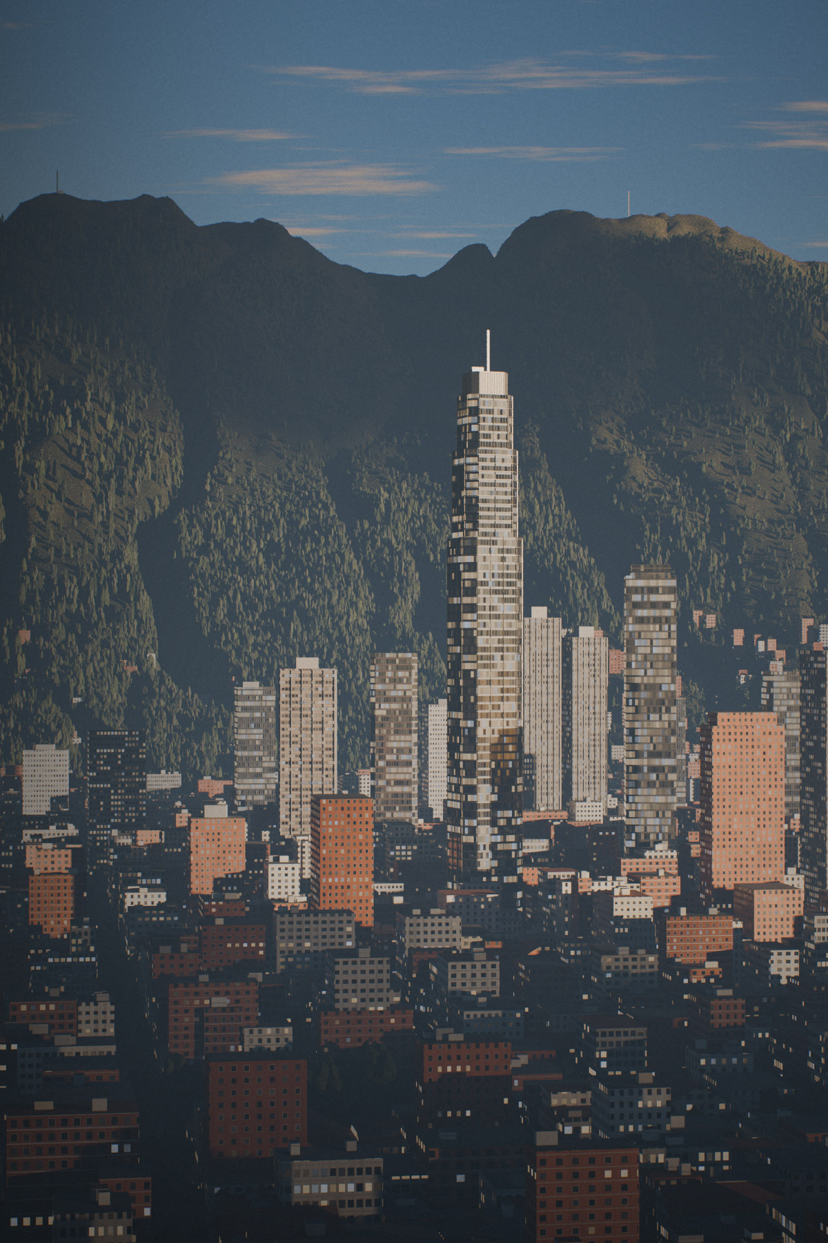 Torres de Bogotá frente a los cerros orientales al atardecer